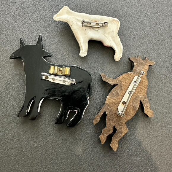 Vintage Hand Made Painted Cow Brooch Pin Set of 3 - Sunglasses Folk Art - Picture 6 of 6